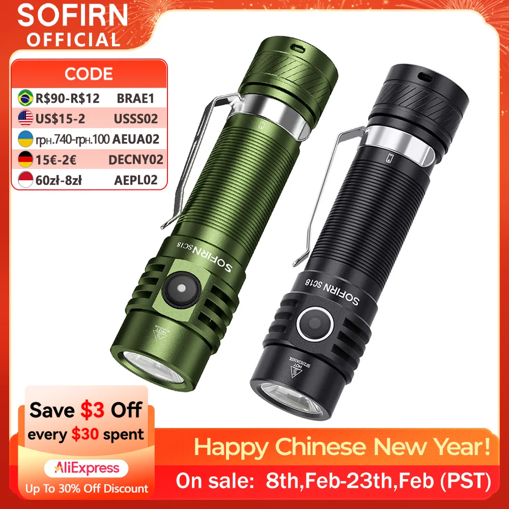 Sofirn SC18 1800lm EDC Đèn Pin USB C Sạc SST40 LED 18650 Đèn Pin TIR Quang Học Ống Kính Đèn Lồng Có Đèn Báo Nguồn Điện