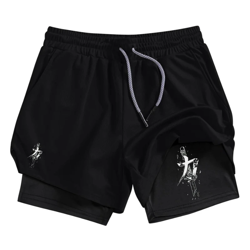 Men's 2-in-1 Running Training Performance Sword Gym Pattern Breathable Quick Drying Sports Shorts with Mobile Pocket Gym Shorts