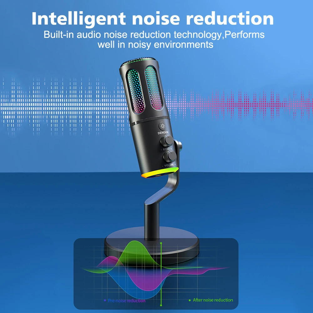 USB Type-C Condenser Microphone with RGB Atmosphere Light Support 3.5MM Headset Connection for Game Audio Streaming Broadcast