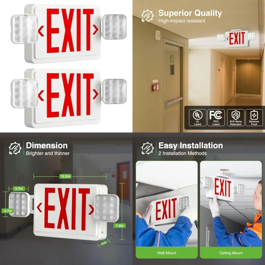 LED Exit Sign with Emergency Lights, Adjustable LED Emergency Exit Lights with Battery Backup, Easy To Install, UL Certified, A