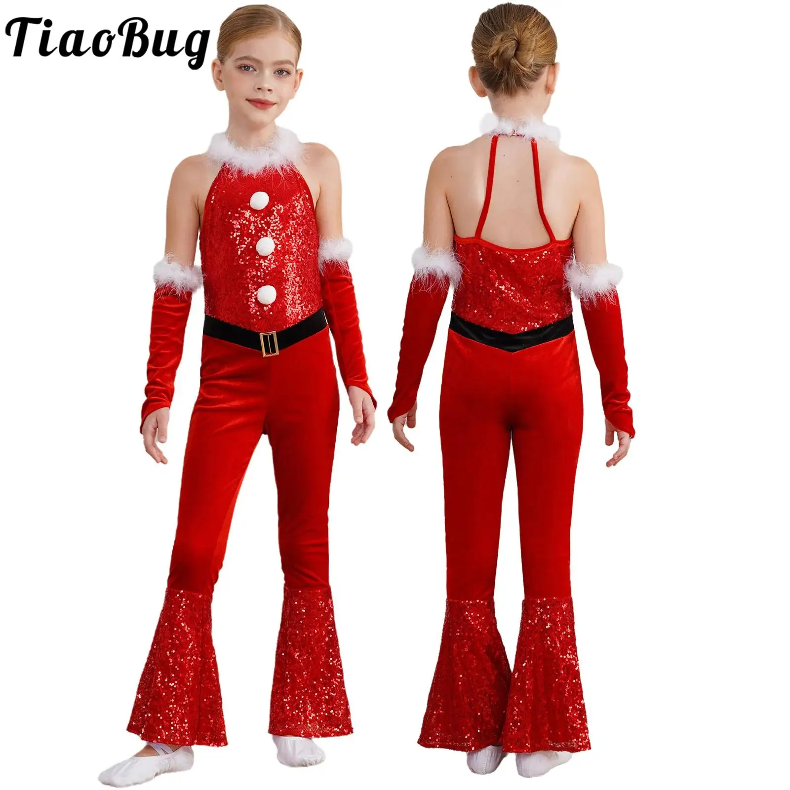 Kids Girls Christmas Dance Costume Sleeveless Sequin Bell Bottoms Jumpsuits Xmas Holiday Dance Show Santa Dress Up Costume