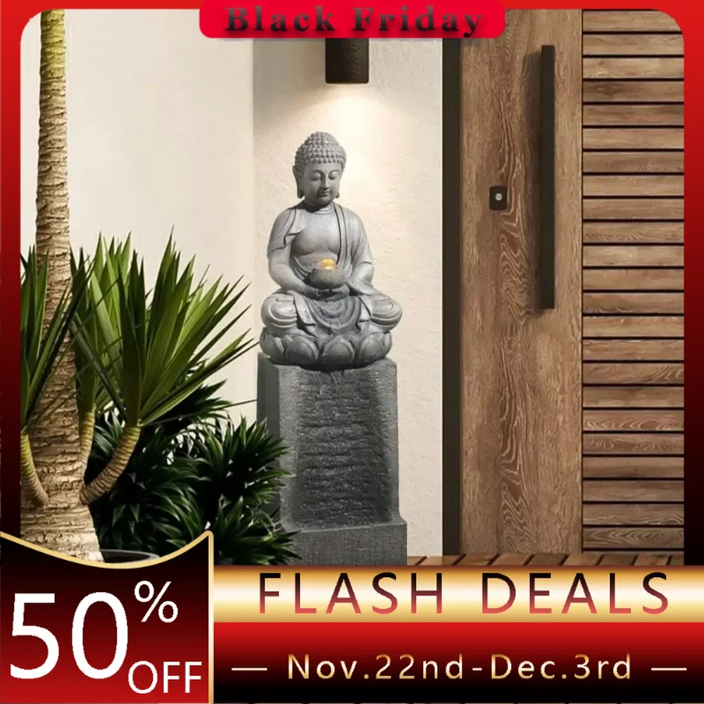 35 Inch Resin Meditation Buddha Statue Pillar Courtyard Fountain with LED Lights, Zen Inspired Fountain Decoration, Gray