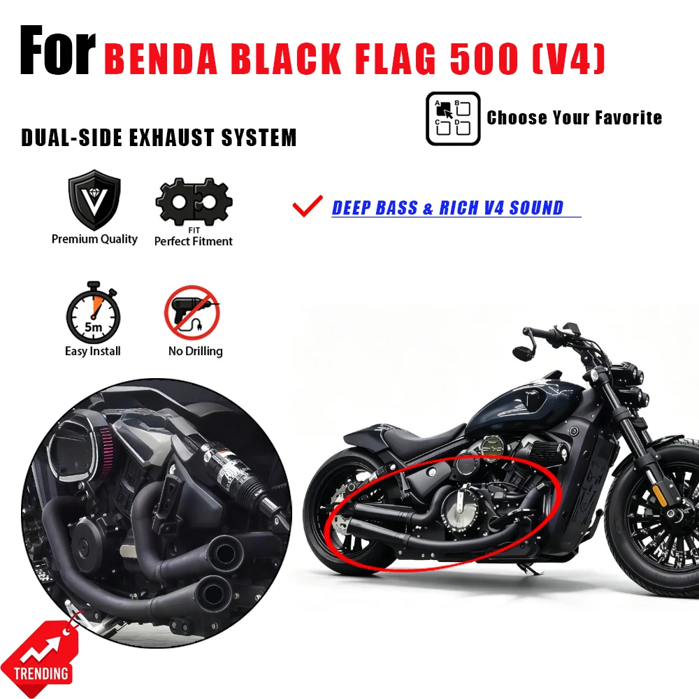 For Benda Black Flag 500 BD500 Dual Side Exhaust Pipe Full Stainless Steel Deep Rich Sound Accesorios Moto Escape Moto Parts