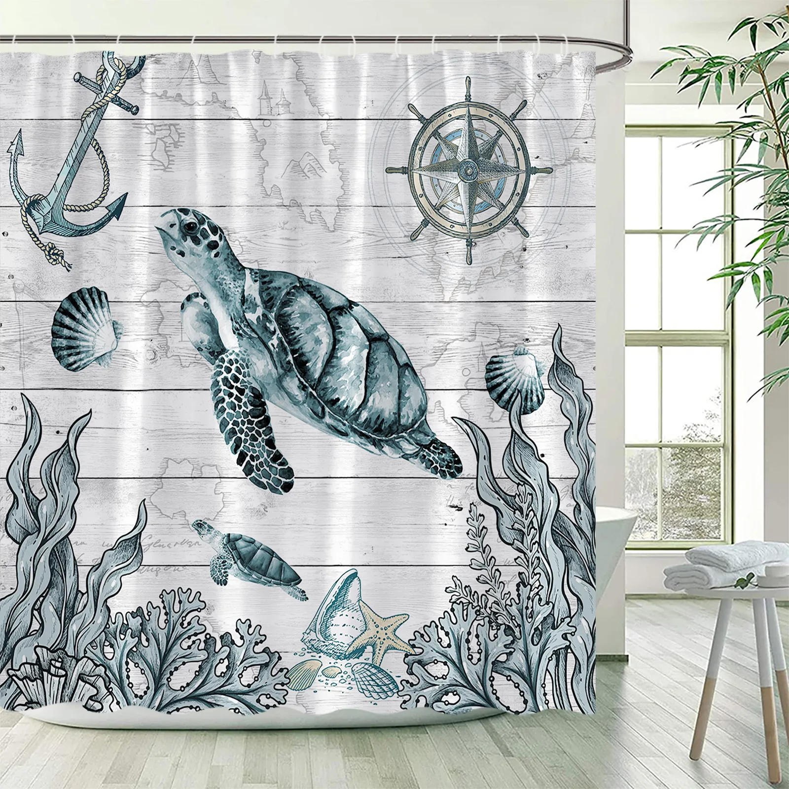 Seahorse Shower Curtains Watercolour Ocean Animals Starfish Nautical Anchor Grey Wood Board Cloth Bathroom Decoration with Hooks