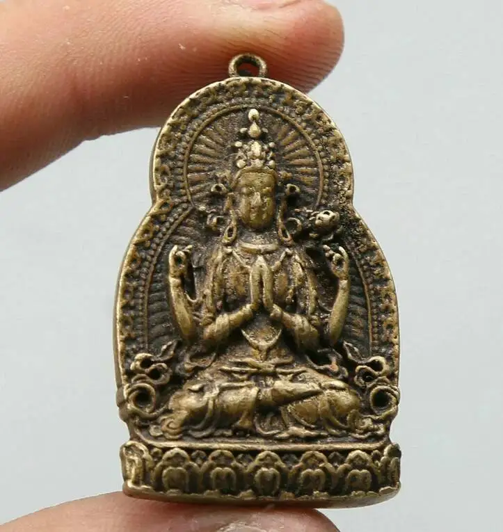 1.7Inch Nepal Tibetan Buddhist Bronze Four-Armed Guanyin Talisman Pendant
