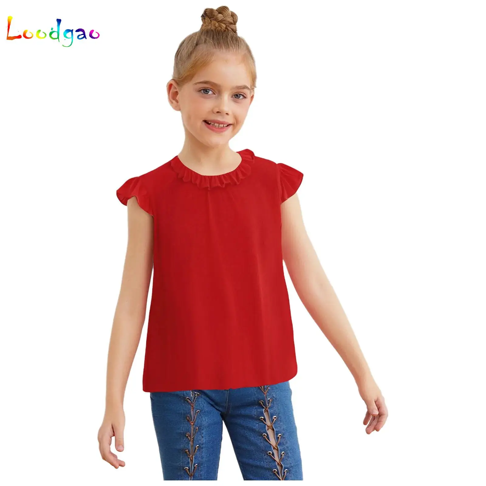

5-14 Years Old Kids Girls Cute Vest Camisole Ruffled Sleeves Frilly Collar Blouse Tops for Wedding Party Birthday Photography