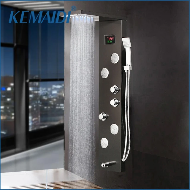 

KEMAIDI Black Column Shower Faucet Bath Shower System Temperature Digital Display LED Shower Panel Body Massage Jets 12 Choice