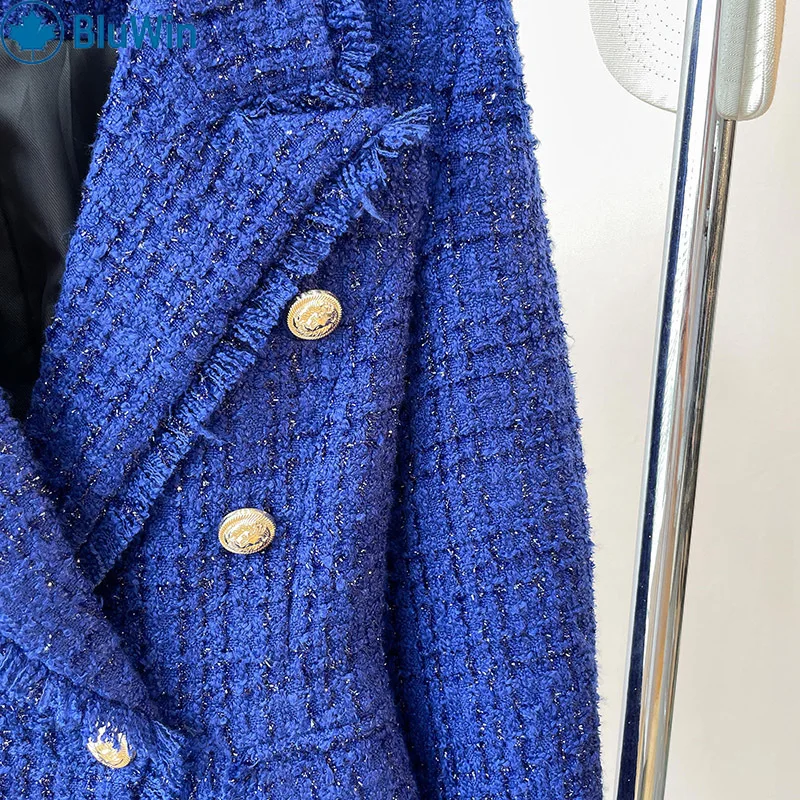 BluWin Women’s Royal Blue Tweed Blazer Double-Breasted Gold Buttons Slim Fit Notched Lapel Chic Office Suit Jacket