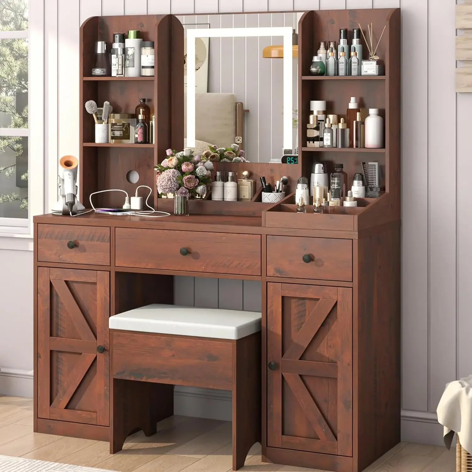 Farmhouse Vanity Desk with Mirror & Lights, 43