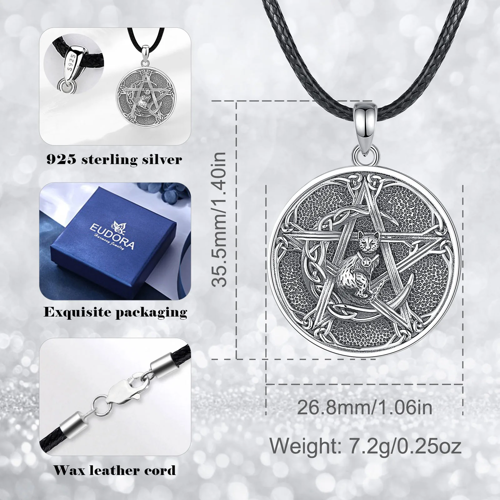 Eudora 925 Sterling Silver Pentagram Necklace Vintage Witch Knot Cat Amulet Pendant witchcraft Jewelry Party Gift for Man Women