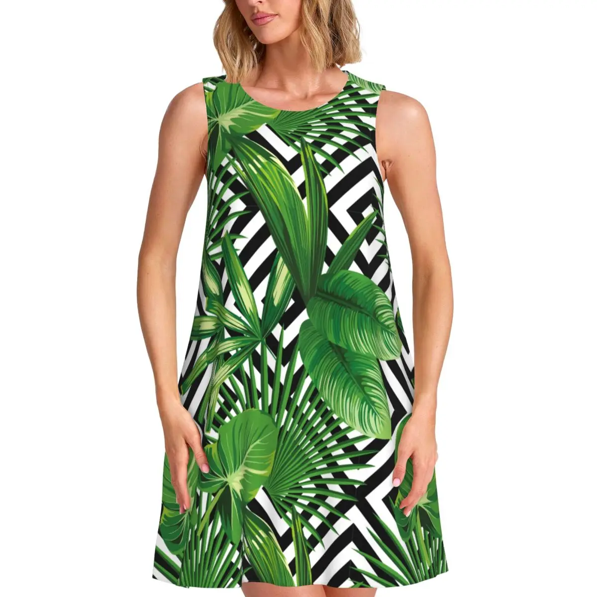 Palm Leaves Casual Dress Black And White Geometry Streetwear Dresses Summer Print Dress Hot Sale Sleeveless Vestidos Large Size