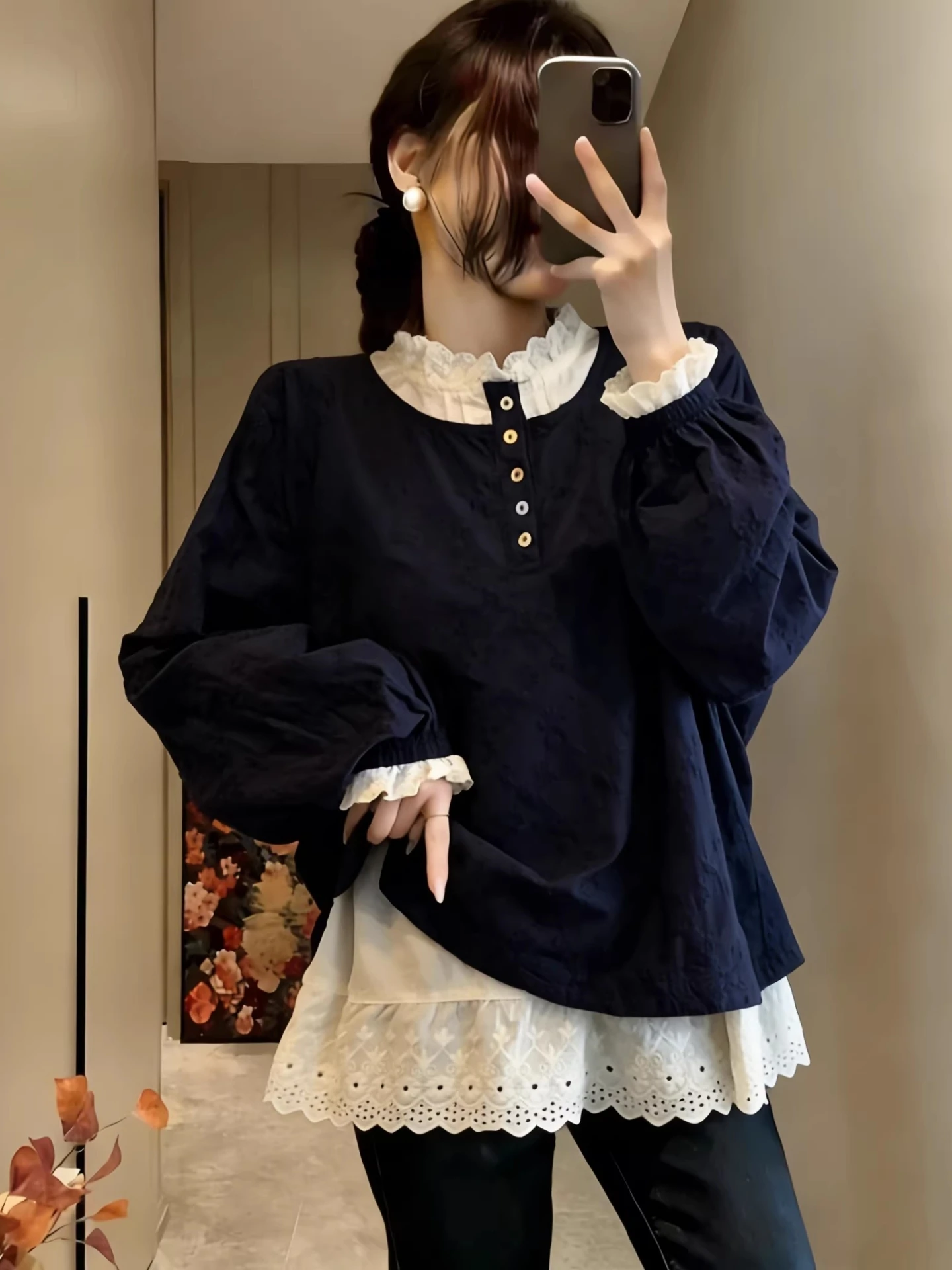 Lace Splice Stand Collar Long Sleeve Women's Shirt Spring Autumn plus Size Slimming Anti-Aging Trendy Top Korean Style