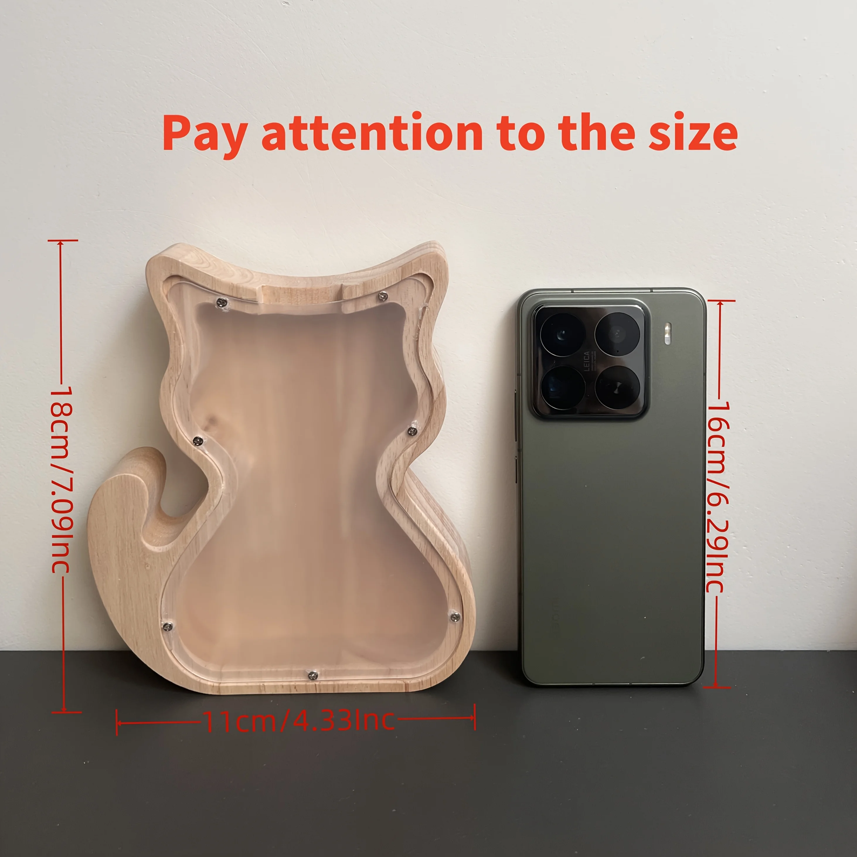 بنك عملات خشبي على شكل قطة مع غطاء زجاجي - هدية فريدة للعطلات وديكور المنزل