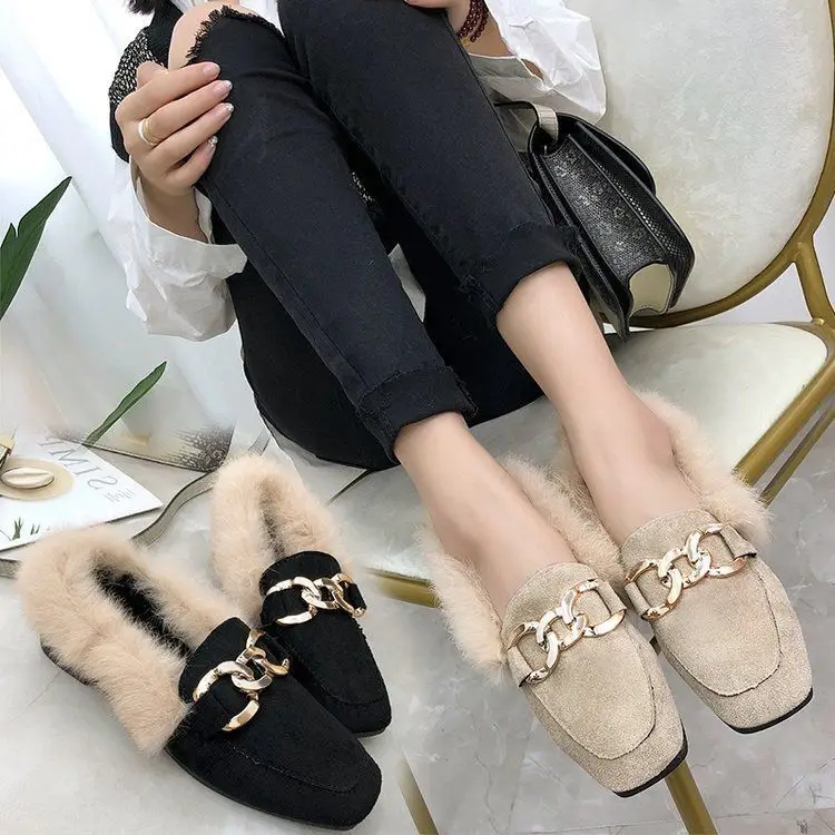 Spring Autumn Women Flat Loafers Luxury Fur Light Slip-on Casual Shoes Plush Leather Shoes British Modern Boots Botas De Mujer