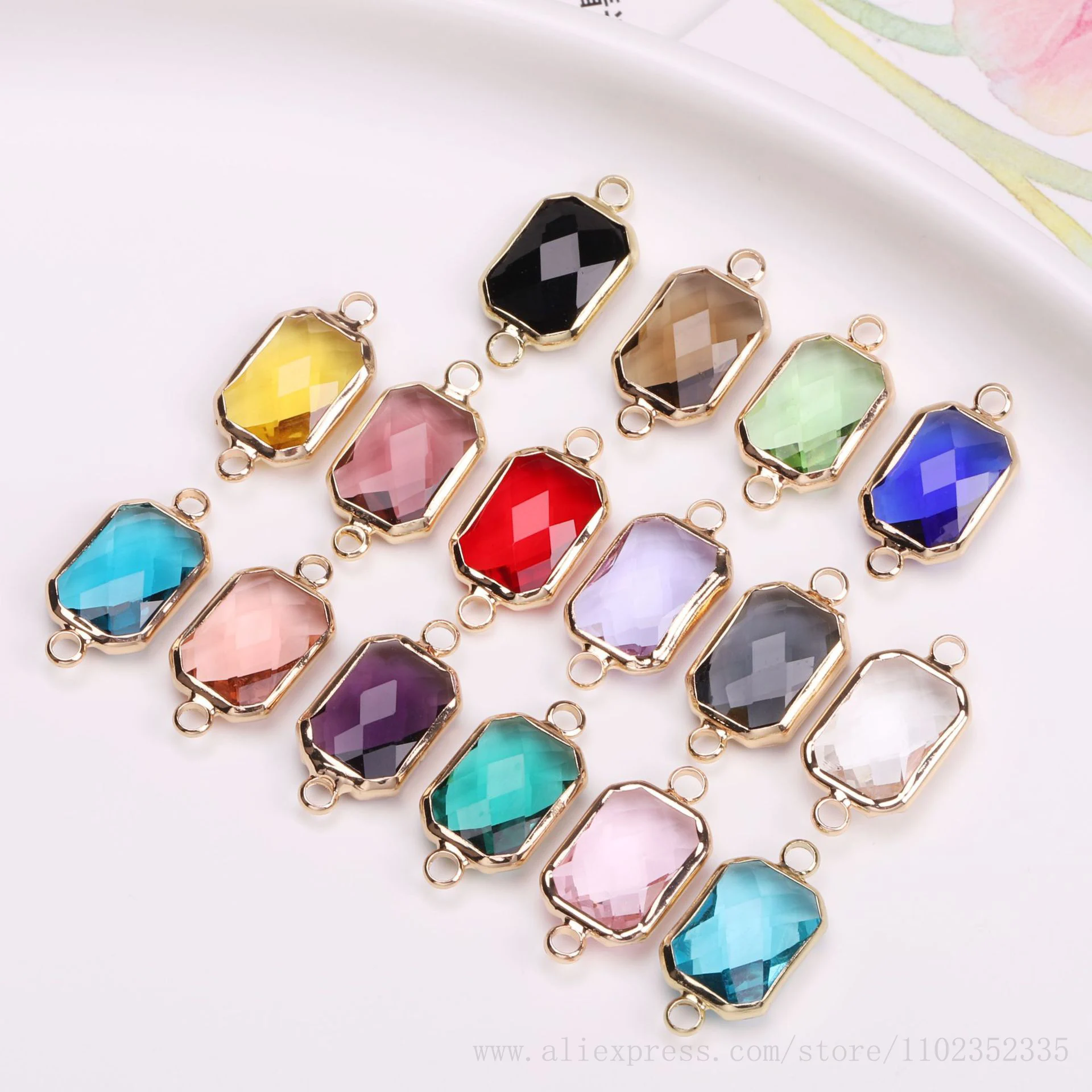 Jewelry accessories gold-plated edged crystal rectangular connectors double hole pendant necklace earring finding 50pcs/ Bag