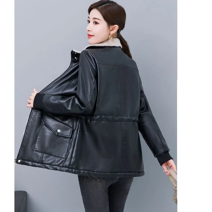 세련된 캐주얼 가죽 트렌치 코트 자켓 오버 코트 여성 플러스 벨벳 Thicke 따뜻한 파카 겨울 코트 새로운 느슨한 레이스 업 자전거 의류