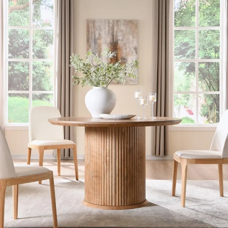 

Обеденный стол в стиле середины века, круглый, с рифлением, из светлого дуба с узелками, на 4-6 персон, для кухни и гостиной