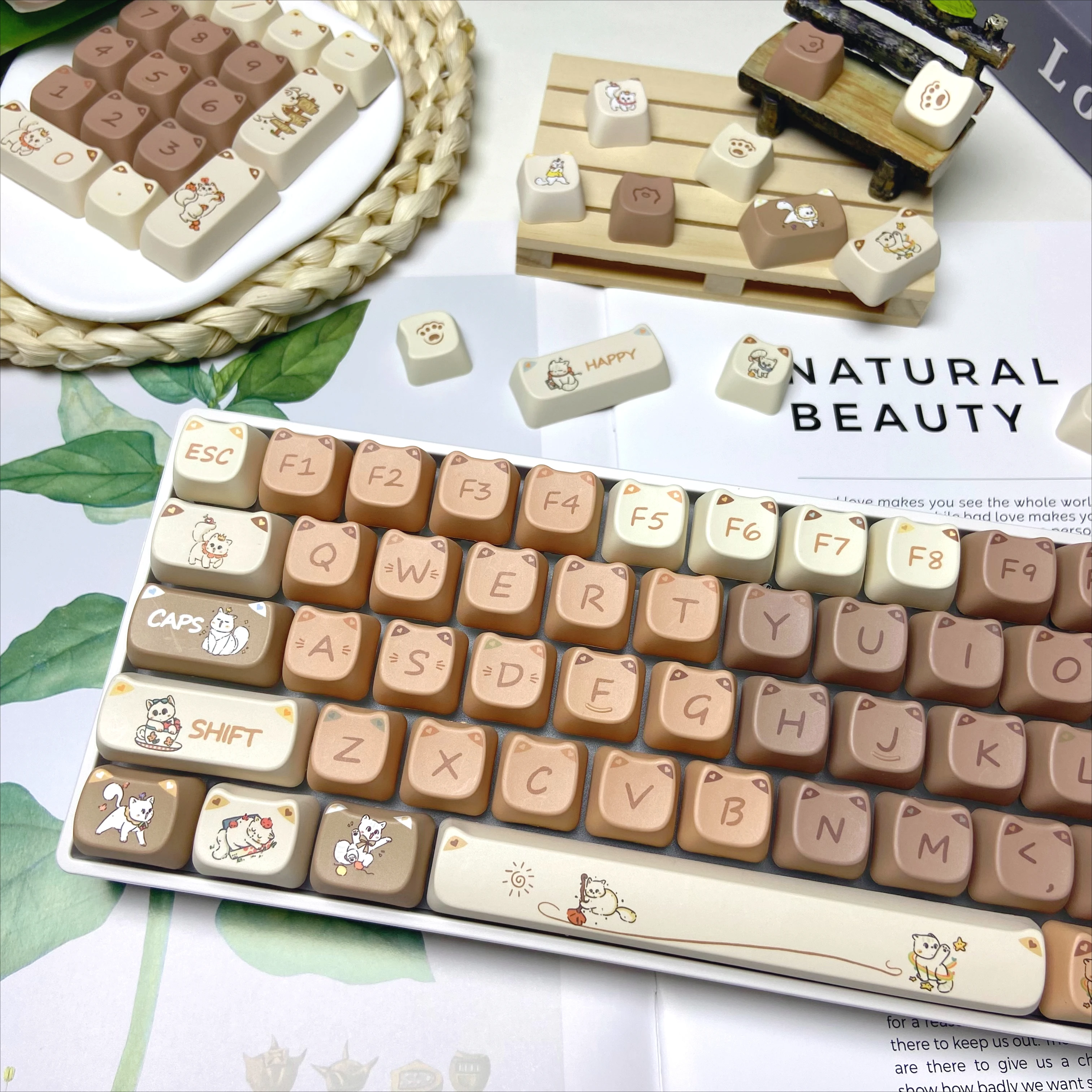 Naughty Cat Tastenkappen, braun, niedliche Tastenkappen, individuell für mechanische Tastatur, MAO-Profil, Ersatzkappe für Tastatur, DIY 68, 75, 108,