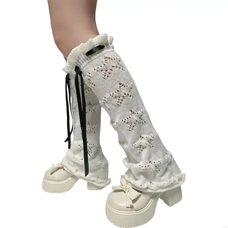 

49ME Elegant Hollowed Out Star Leg Warmers Boot Cuffs Ruffled Cuffs Ribbon Bowknot Leg Cover Over Calf Long Socks for Women