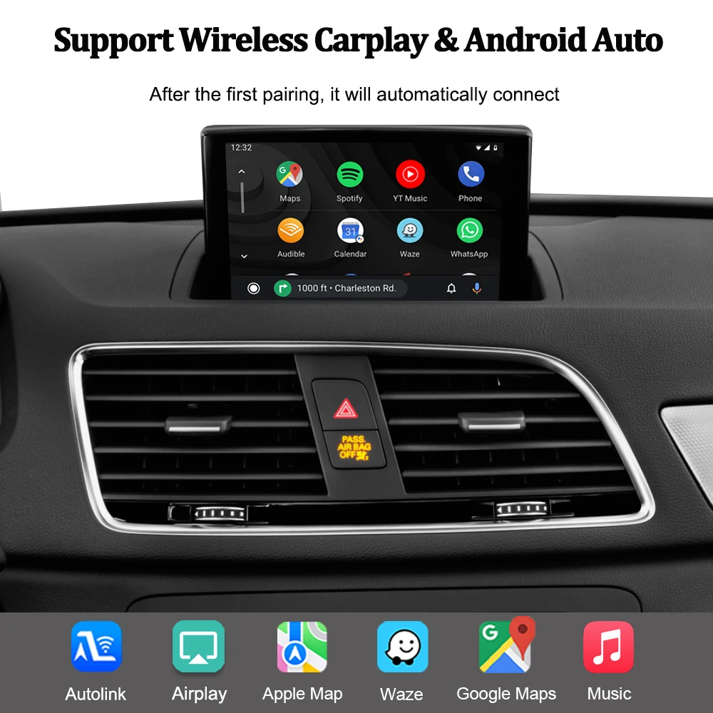 Adattatore di interfaccia per CarPlay e Android Auto wireless per Audi A1 Q3 2012 2013 2014 2015 2016 2017 2018 RMC HNR, con funzionalità Mirror Link, AirPlay, Bluetooth e modulo GPS.