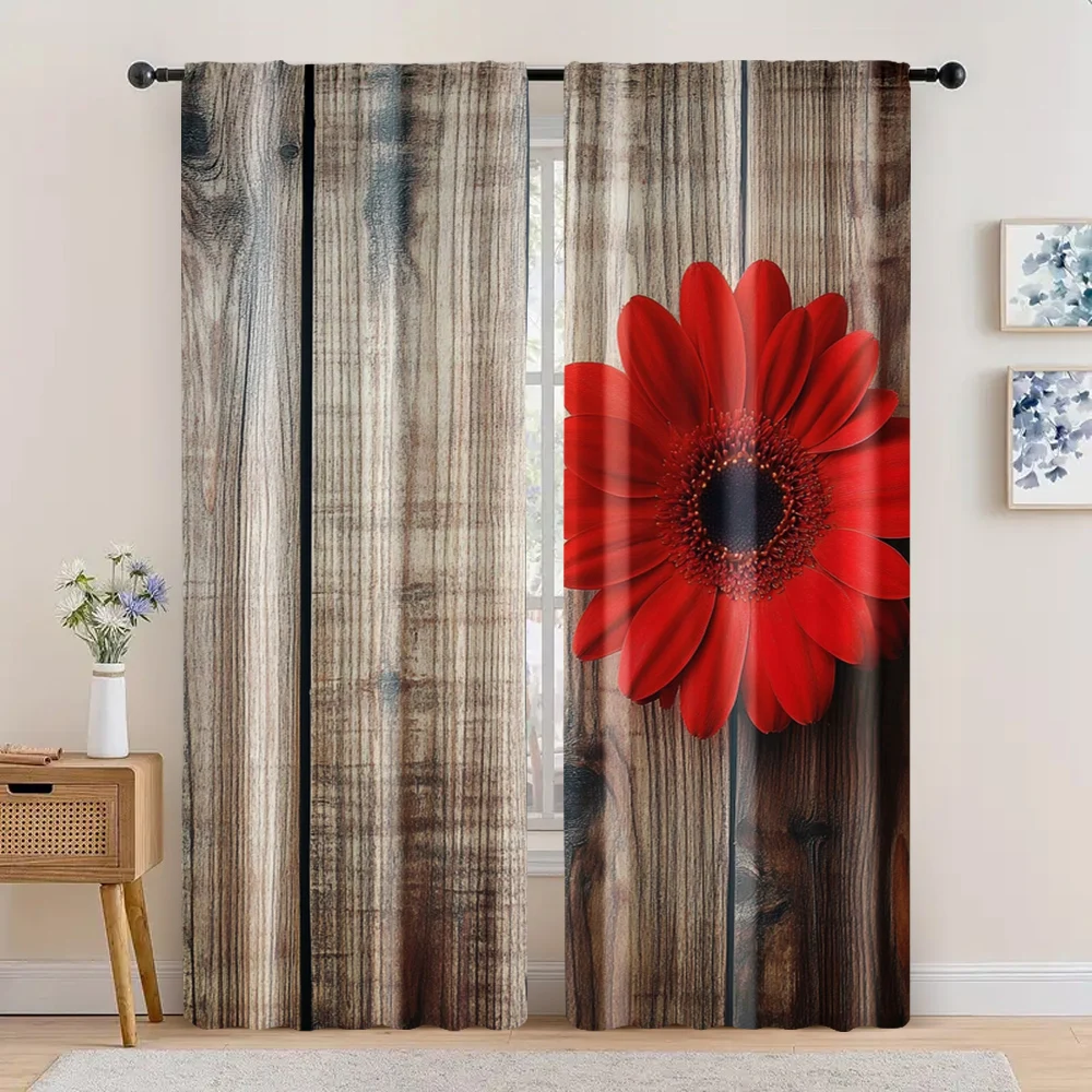 2pc,  Drapes Flowers on foreground Red Dahlia Featured Date Planks Vintage Protecting Privacy Wall Decor Applies to With rod