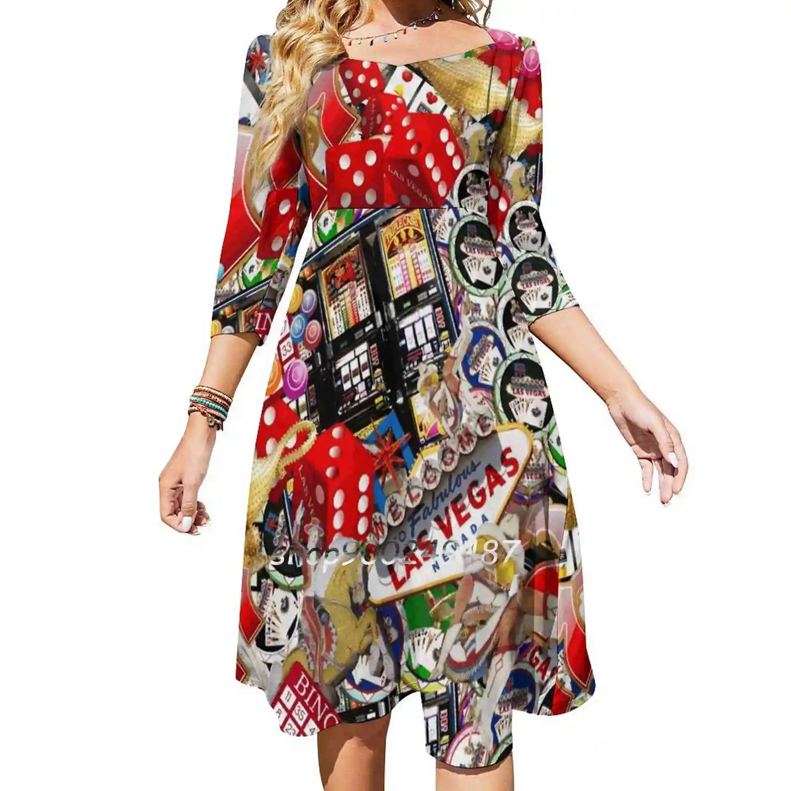 Gamblers Delight-Las Vegas Icons Dresses For Women A-Line Korea Style Slim Long Sleeve Dress Las Vegas Icons Las Vegas Sign