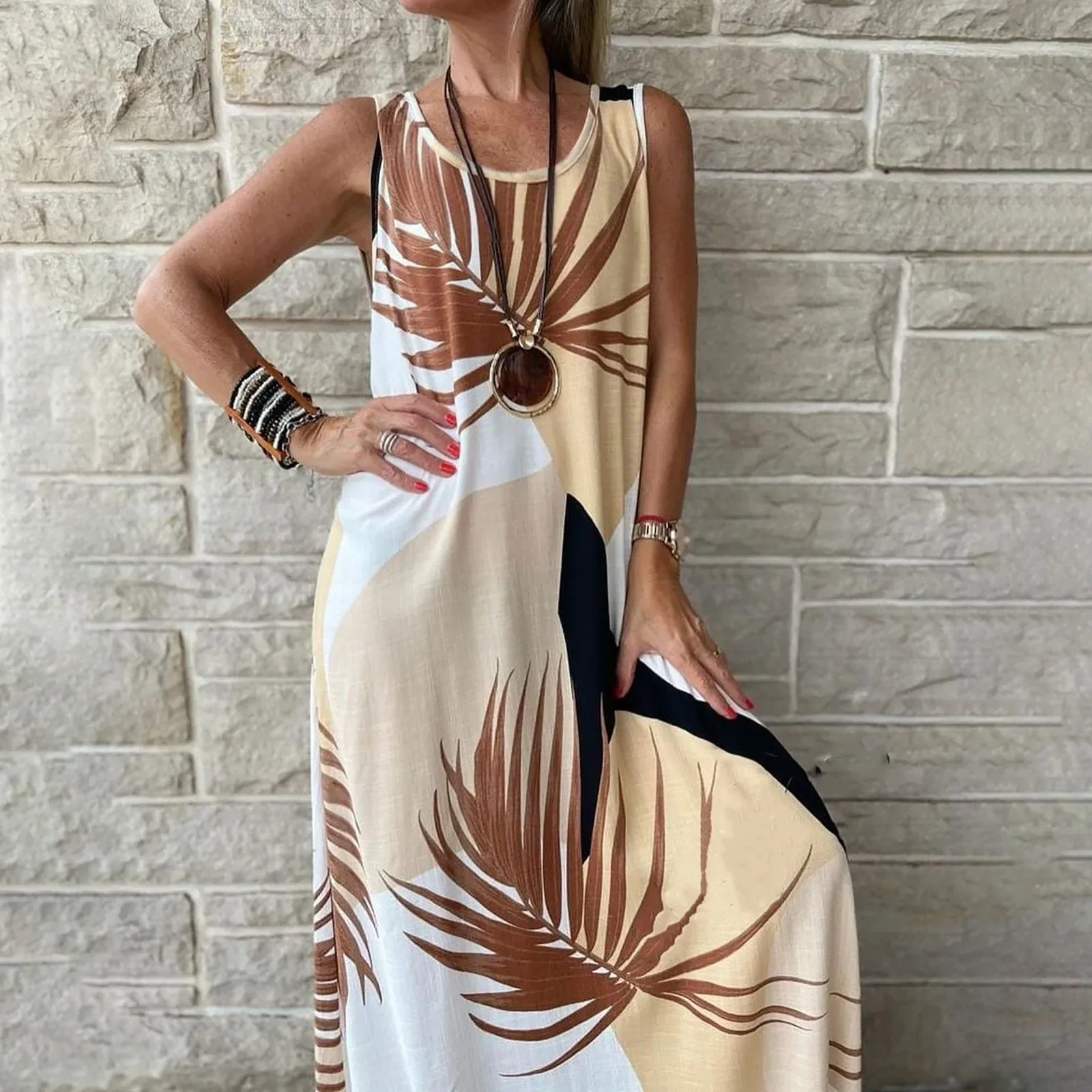 Sommer Boho tropischen Druck langes Kleid für Frauen lässig O-Ausschnitt ärmellose Mode lose Maxi kleider 2023 Frau Strand kleid