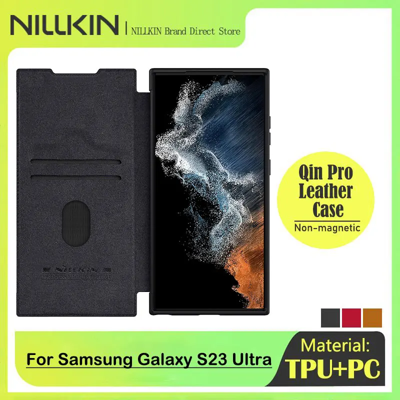 

Кожаный чехол Nillkin Qin Pro для Samsung Galaxy S23 Ultra, слот для карт, раздвижная защита камеры с бизнес-объективом, задняя крышка, мода