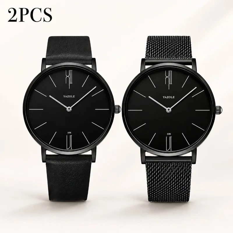 2PCS YAZOLE Minimalist Couple Watches Matching Quartz Wristwatch Ultra Thin Leather & Mesh Strap Lover Timepiece Valentine Gift