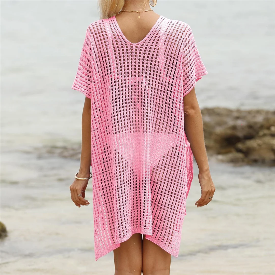 Kurzarm-Tunika mit V-Ausschnitt und Aushöhlungen, gehäkelt, Strickkleid, Strandkleid, Strandmode, Strandbekleidung, Strand-Cover-up, Damen, V8061 – Detail 20