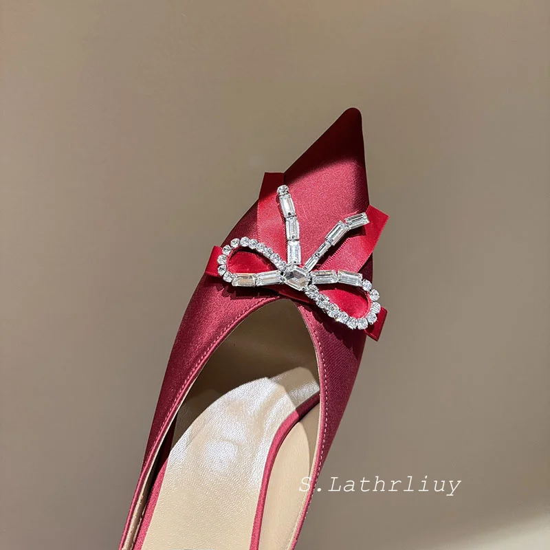 slippers High heels shiny crystal decoration satin solid color sandals summer new sexy party slippers office commuting shoes