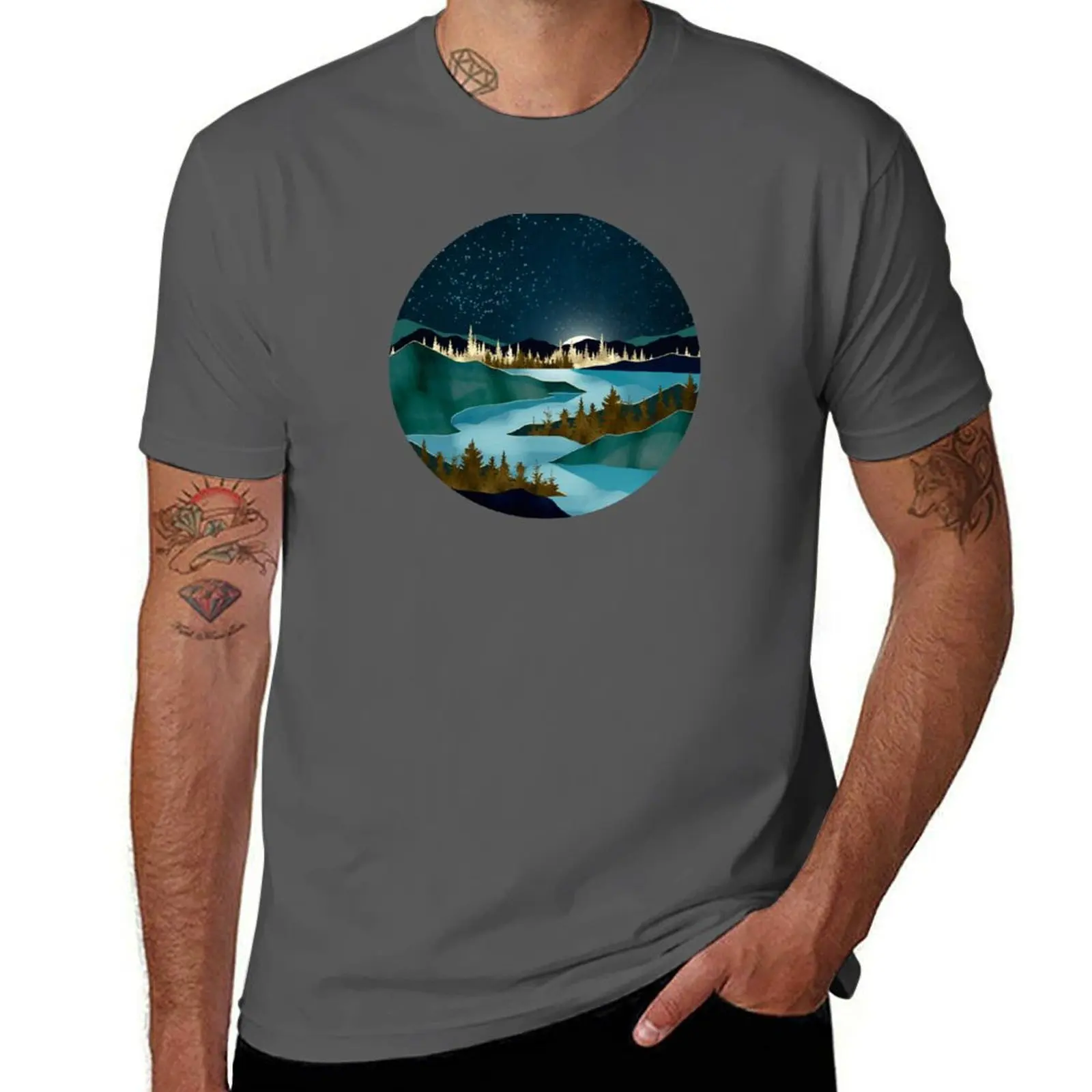 Night Autumn River T-Shirt Festival Short Sleeve T-Shirt