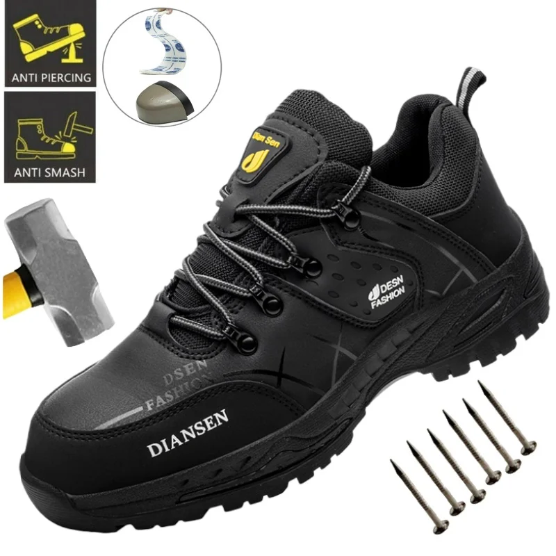 

Leather Safety Shoes Work Shoes Steel Toe Men Puncture-protective Work Boots Anti-smash Protect Indestructible Safety Sneakers