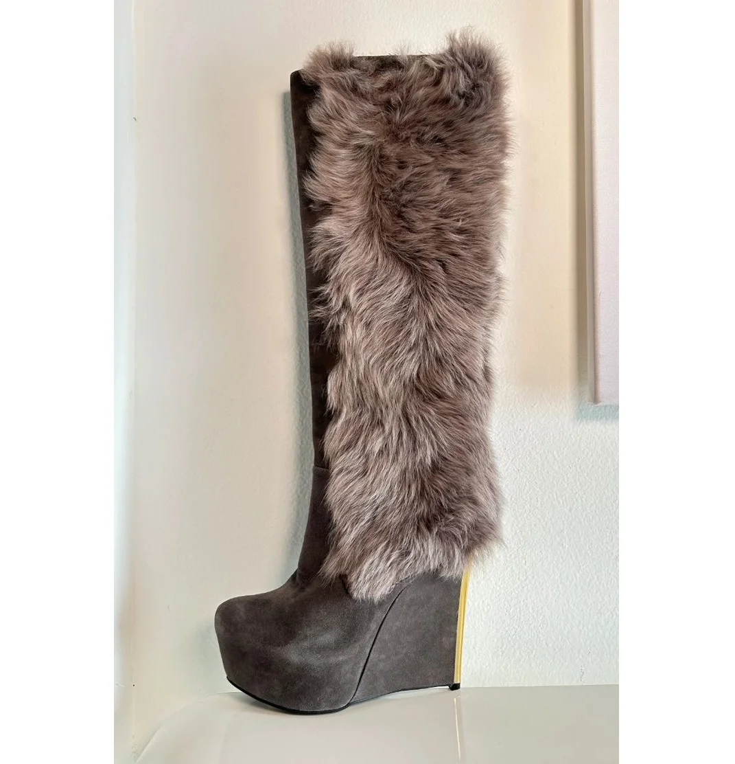 Women's coffee fur suede platform knee high boots sexy round toe wedges sexy high heels boot luxury designer party shoes