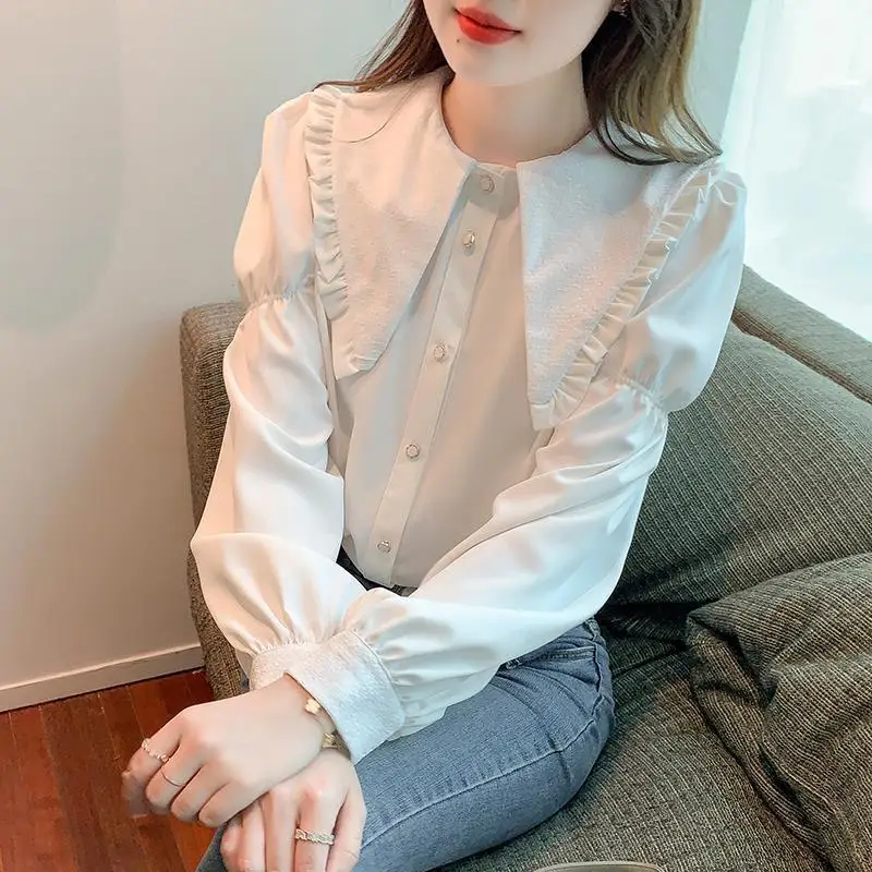 Ruffle Chiffon Peter Pan Collar Cute Elegant Shirt Tops Autumn Korean Style Fashion Puff Sleeve Loose Sweet Tops Casual Blouses