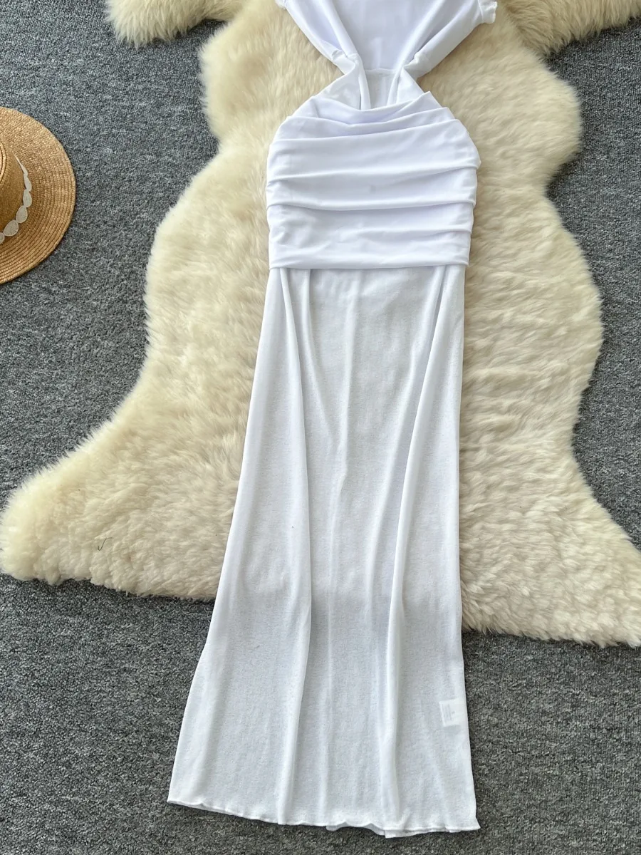 Foamlina-vestido largo blanco de retales de malla para mujer, novedad de verano 2025, vestido ajustado con cintura ceñida, Pure Desire Hot Girl