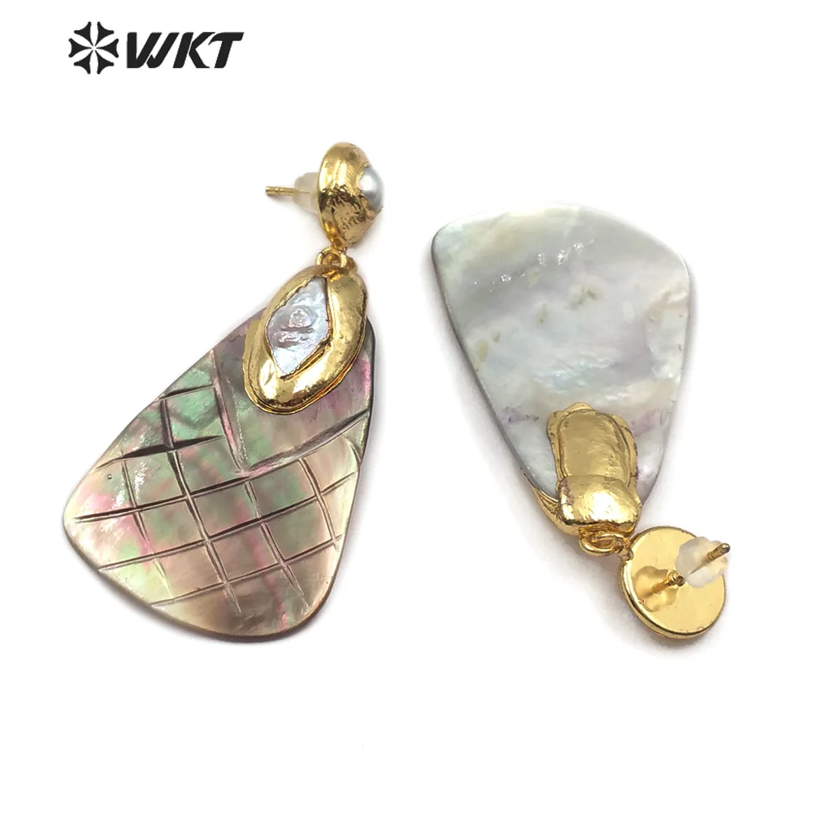 WT-E501 Wholesale Unique Design Natural Shell Earrings Geometric Elements Style Carved Fishnet Pattern With Pearl Jewelry