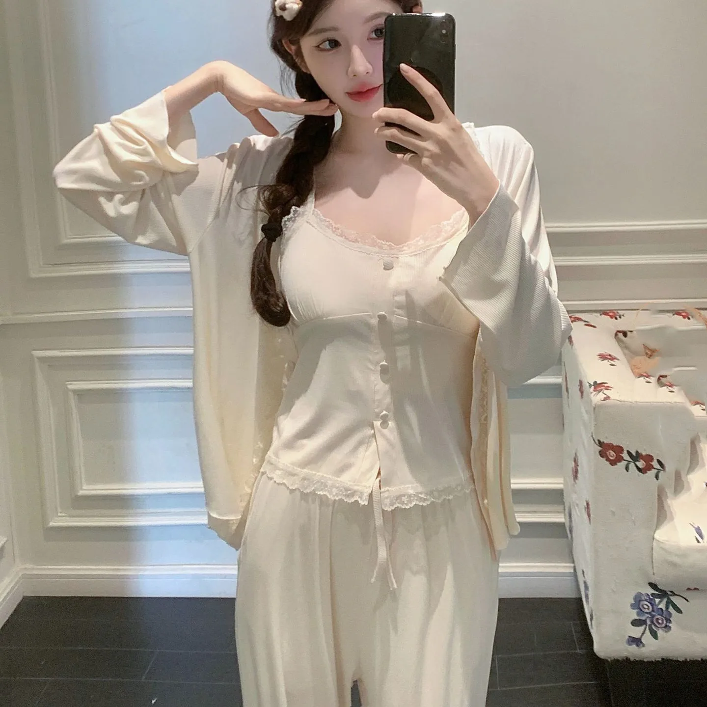 

Women's Modal Shirt Sling Pants Set Autumn Summer Three-Piece Suit with Chest Pad Can Be Worn outside Home Clothes