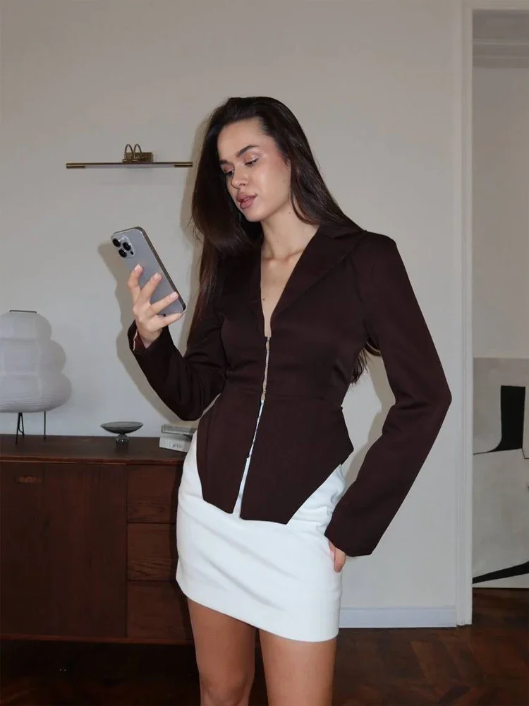 

Women Sexy Waist Cinching Blazer Shirt Chic Lapel Full Sleeve Single-breasted Slim Short Shirts 2026 New Spring Lady Commute Top