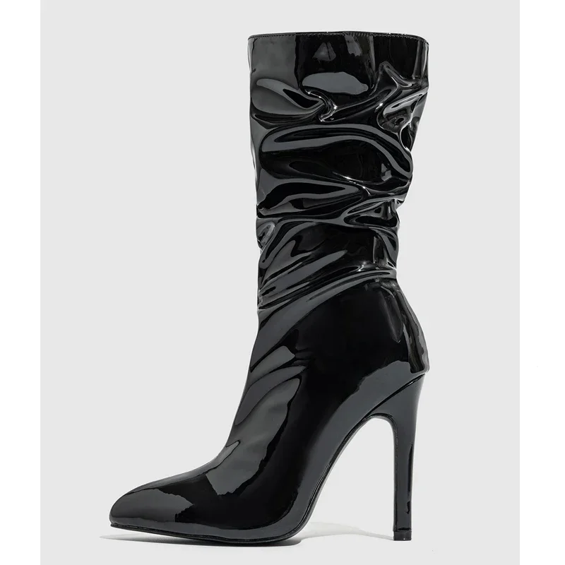 Eilyken Street Style Patent Leather Thin High Heels Women Ankle Boots Designer Pleated Zip Short Booties Sexy Party Prom Shoes image 4