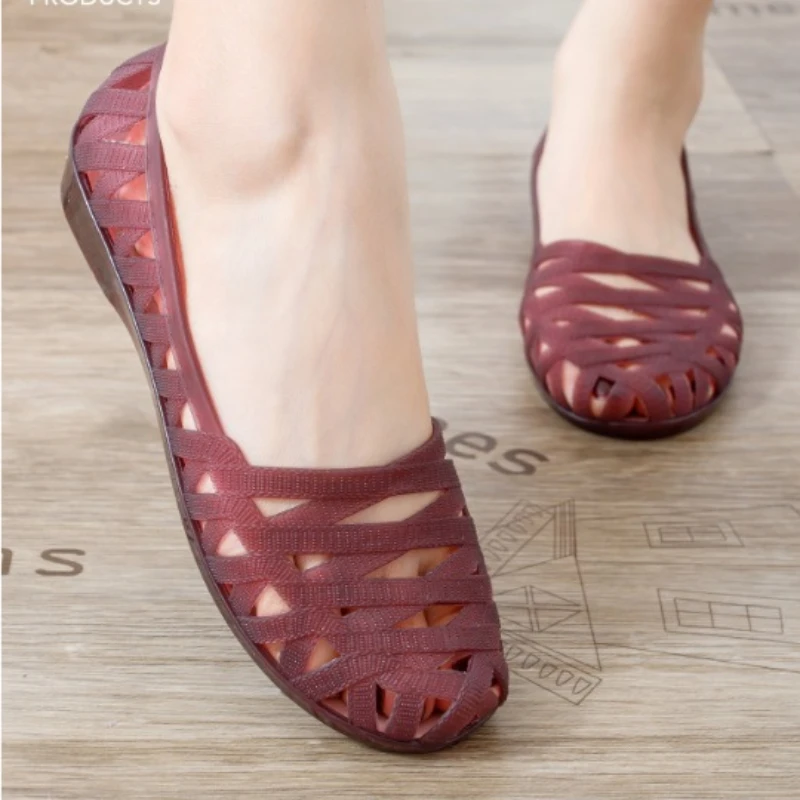 Women Purple Hollow Breathable Plastic Shoes Round Toe Low Price Wedges Slip-On Concise Daily Casual Loafers