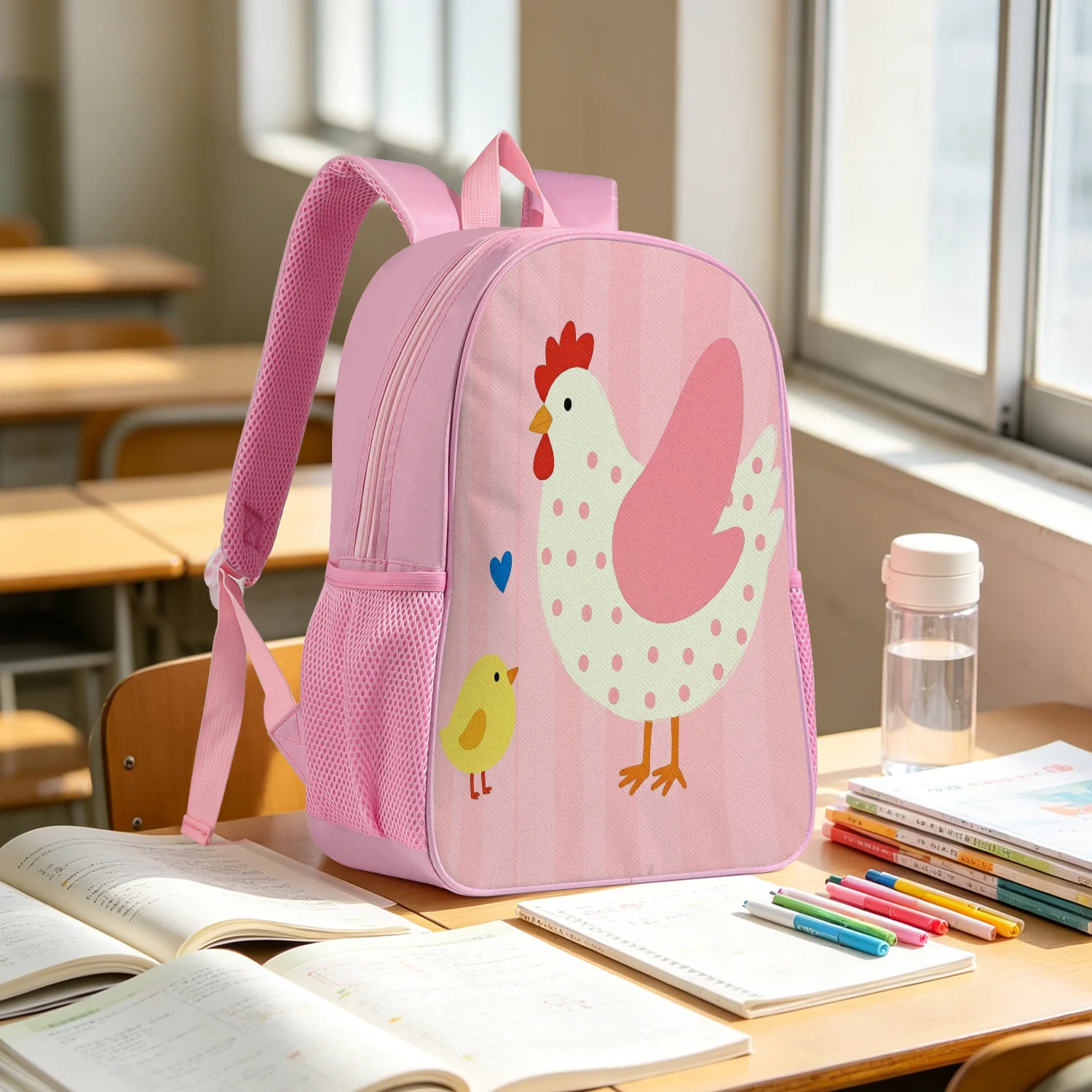 Cute Pink Chicken Hen Chick Backpack Lightweight School Bookbag with Polka Dot Heart Print Adjustable Straps