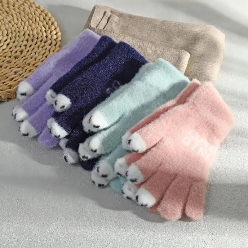 Cute Cat Paw Plush Winter Gloves, 3-Finger Open-Design, Soft Fleece Warm Touchscreen Gloves for Women and Girls