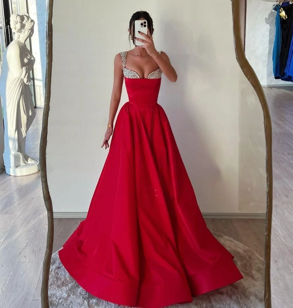 Customized Charmeuse Rhinestone Sparkle A-line Floor-length Bespoke Occasion Evening Dresses Elegant Party Wedding Charming