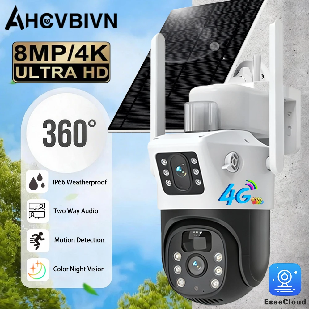 

EseeCloud Solar Camera With 4G Sim Card 8MP 4K Dual Lens Outdoor IP Cameras Pir Motion Detection Night Vision Security Protectio