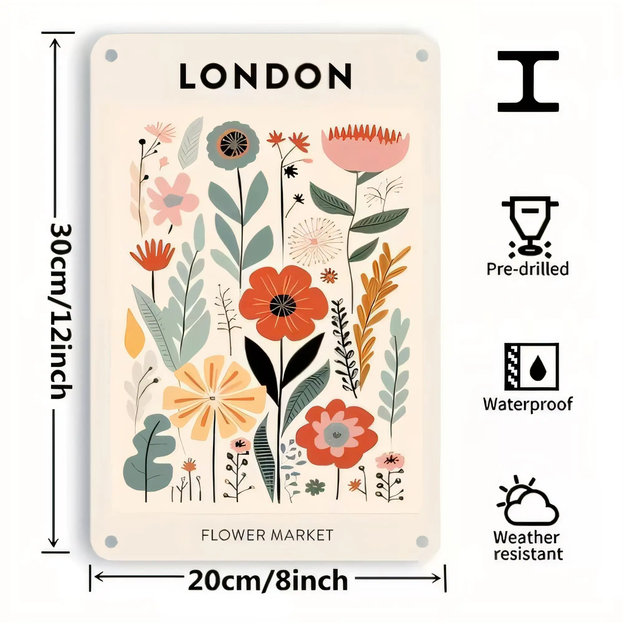 Tin Sign London Flower Market  Vintage Metal Poster Pre-Printed Waterproof Weather Resistant Wall Decor for Kitchen Bar Cafe Gar