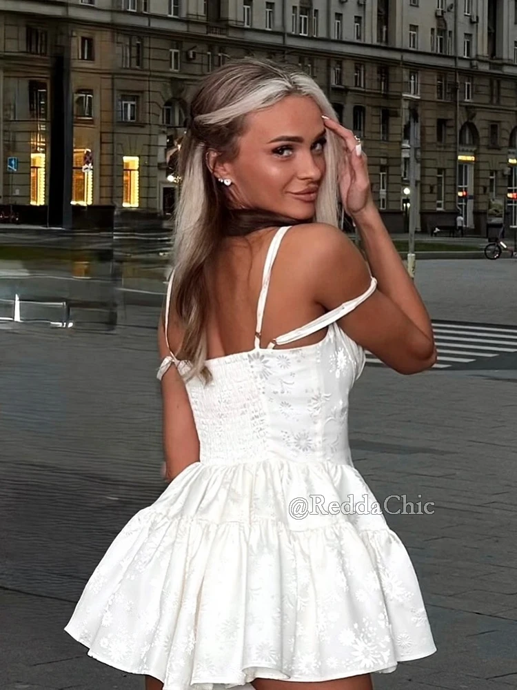 ReddaChic Summer Dress Vintage Satin Floral Rompers Conquete Shirred Stitch Lace Ruffle Camisole Mini Corset Dress Women Clothes view 3
