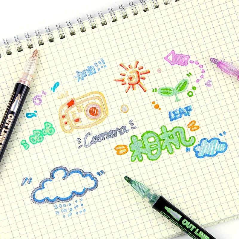 8 Color Double Line Outline Art Pen Marker Pen DIY Graffiti Outline Marker Pen Highlighter Scrapbook Diary Poster Card