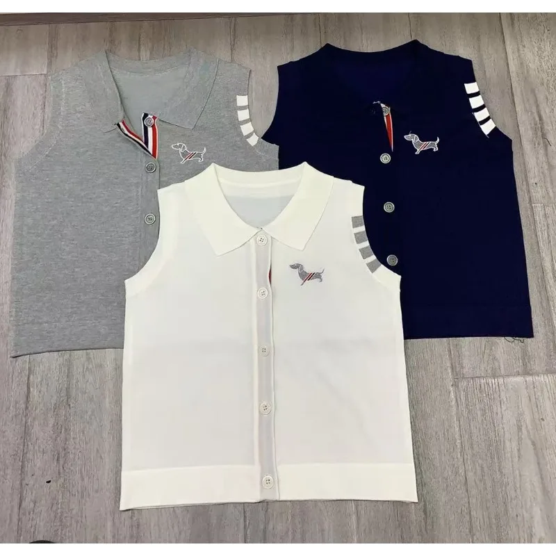 

Summer Preppy Style Turn-down Collar Single Breasted Sleeveless Vest Women Contrast Striped Puppy Knit Tops