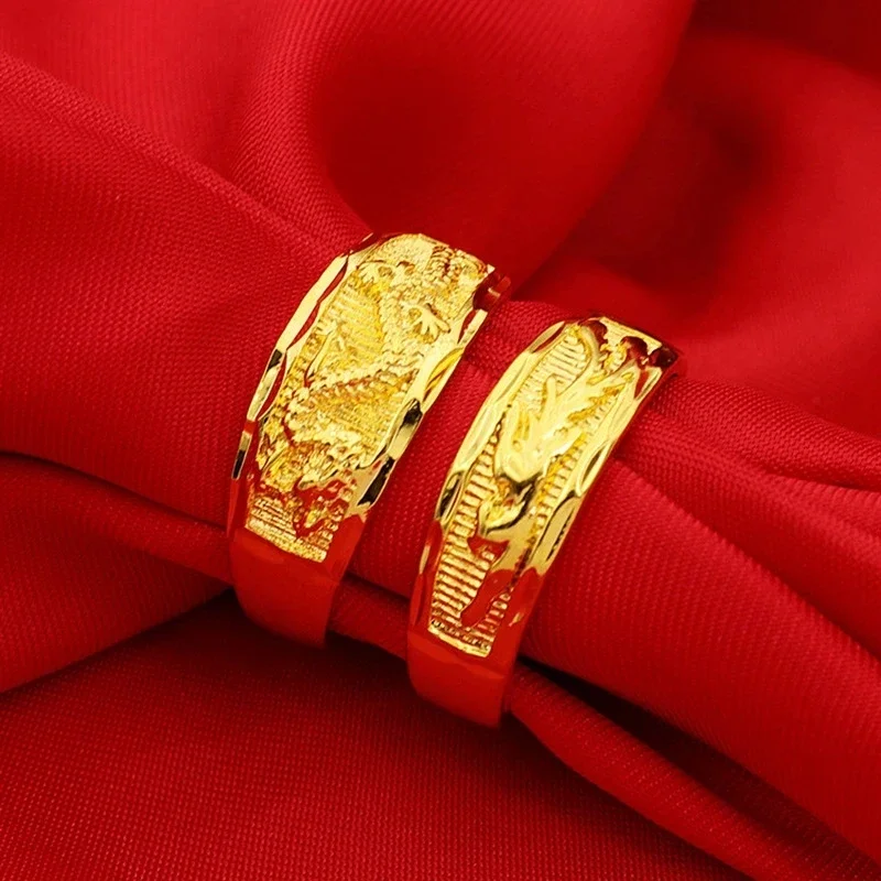 K Gold color Opening Rings for Love Couple Wedding Engagement Dragon Phoenix Pure Gold Ring Match Couple Jewelry Gifts